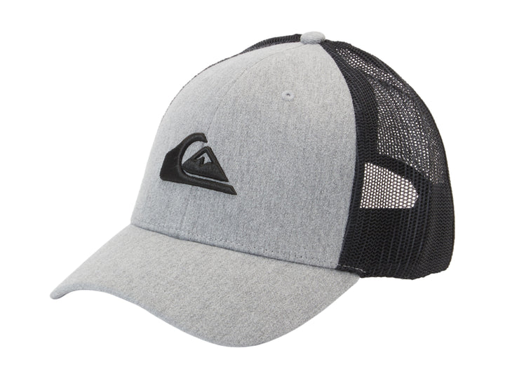 Gorra Quiksilver estilo trucker en color gris jaspeado con malla trasera negra y logotipo frontal negro.