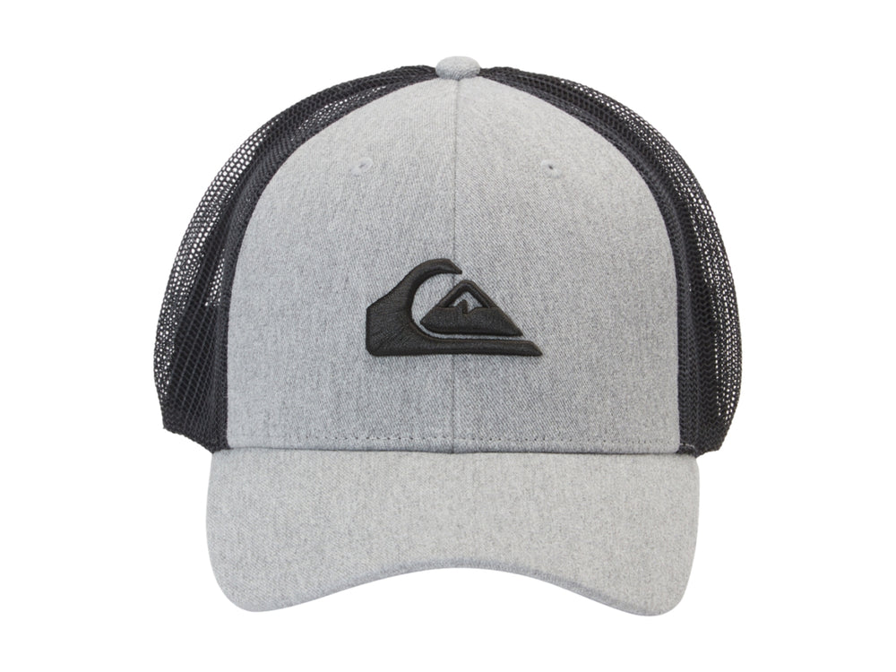 Gorra Quiksilver estilo trucker en color gris jaspeado con malla trasera negra y logotipo frontal negro.