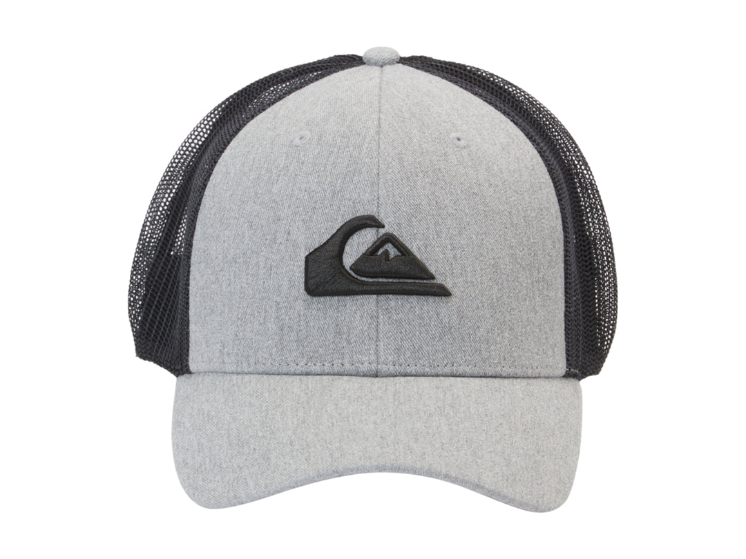 Gorra Quiksilver estilo trucker en color gris jaspeado con malla trasera negra y logotipo frontal negro.