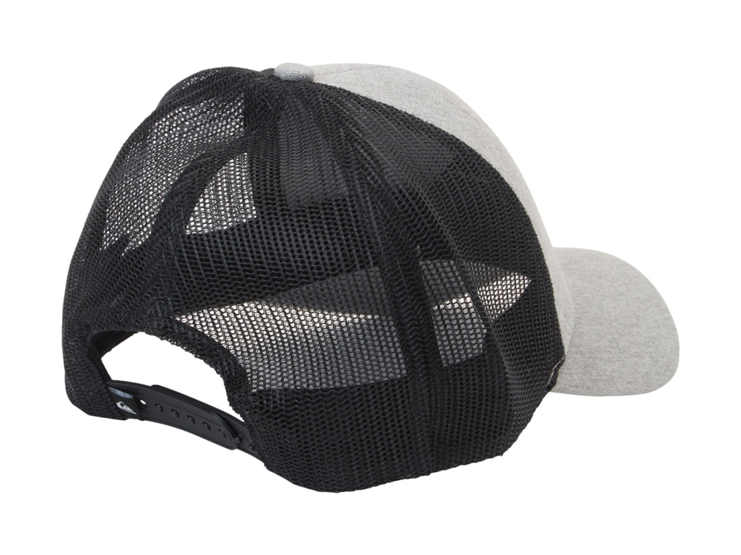 Gorra Quiksilver estilo trucker en color gris jaspeado con malla trasera negra y logotipo frontal negro.