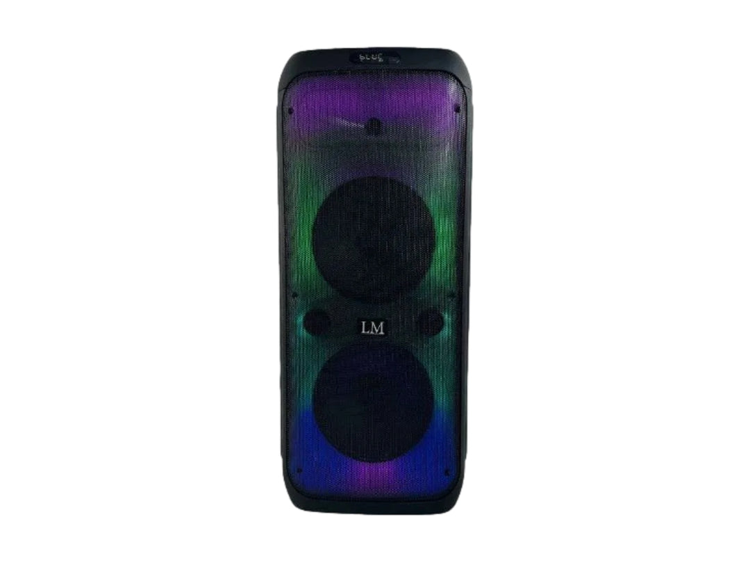 Bocina doble marca LM en color negro con iluminación LED multicolor frontal.