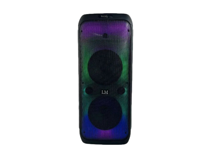 Bocina doble marca LM en color negro con iluminación LED multicolor frontal.