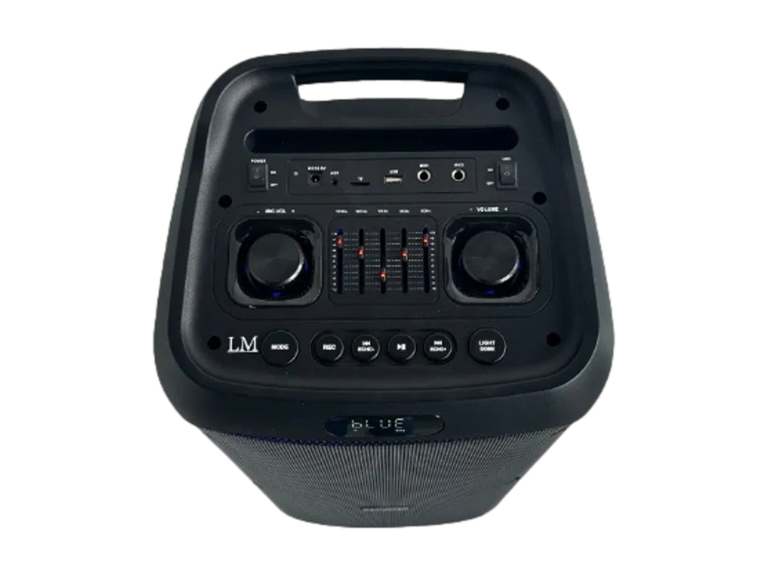 Bocina doble marca LM en color negro con iluminación LED multicolor frontal.