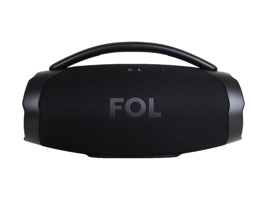 Bocina portátil FOL de color negro con asa superior y rejilla frontal.