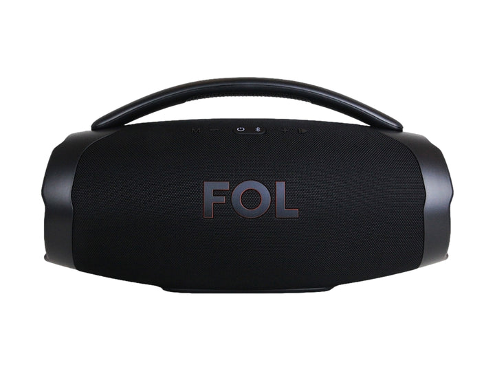 Bocina portátil FOL de color negro con asa superior y rejilla frontal.