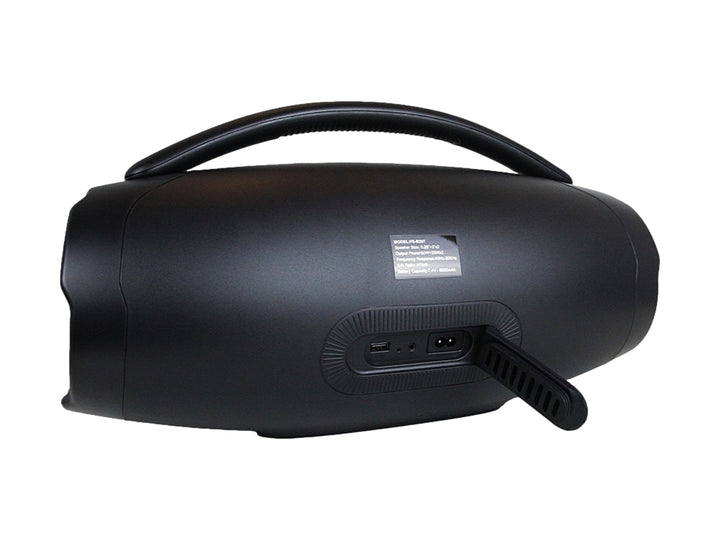 Bocina portátil FOL de color negro con asa superior y rejilla frontal.