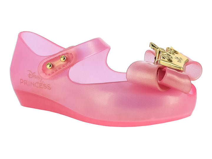 Zapato Mary Jane rosa translúcido para niña con moño y detalles dorados de Disney Princess.