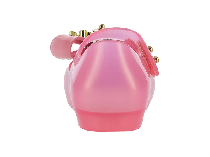 Zapato Mary Jane rosa translúcido para niña con moño y detalles dorados de Disney Princess.