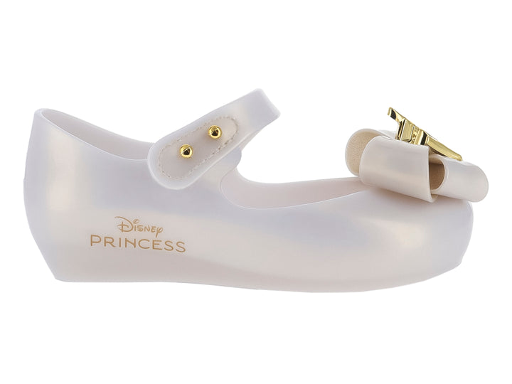 Zapato beige para niña Mini Melissa con moño y detalles dorados, diseño Disney Princess.