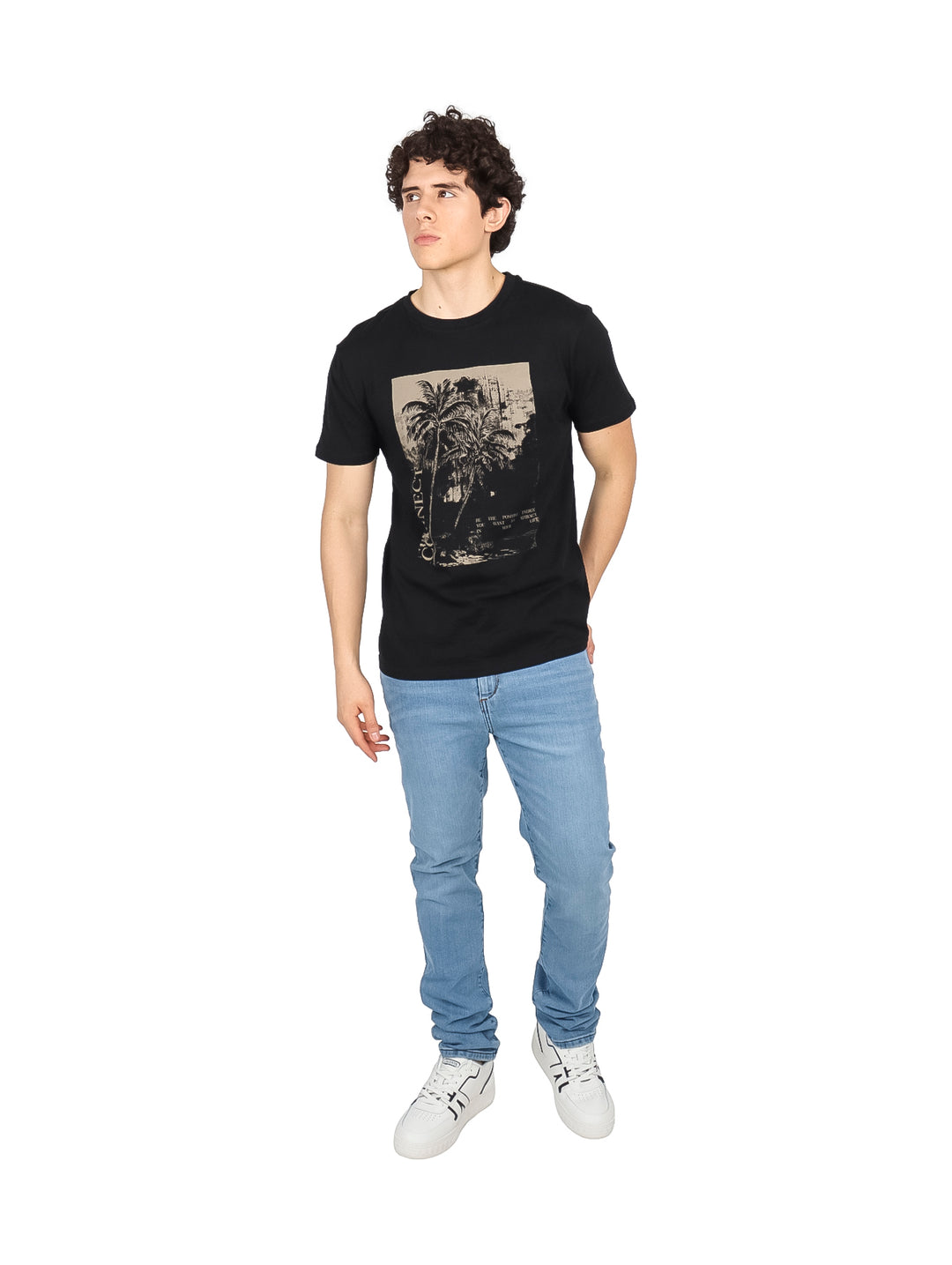 Hombre vistiendo una camiseta negra de manga corta con un estampado gráfico beige de palmeras en el pecho.
