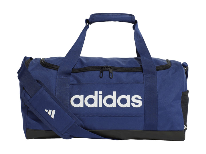 Maleta deportiva Adidas Linear Duffel en color azul con base negra y logotipo blanco.