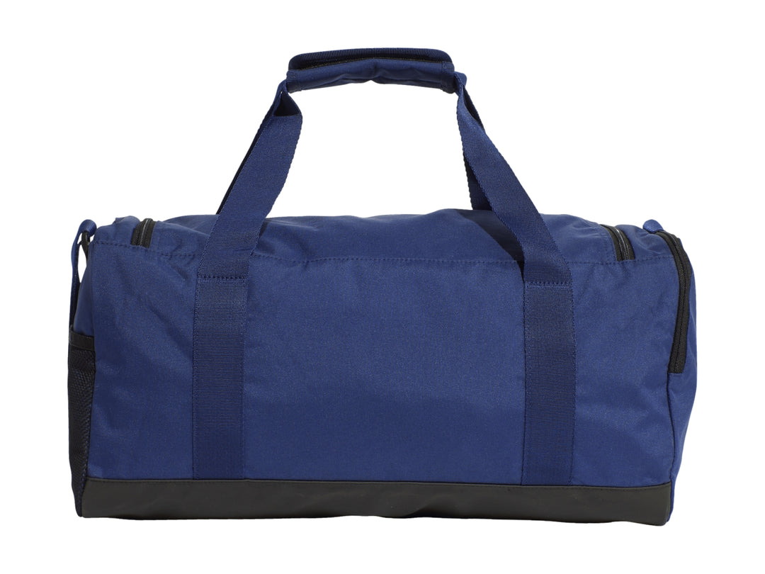 Maleta deportiva Adidas Linear Duffel en color azul con base negra y logotipo blanco.