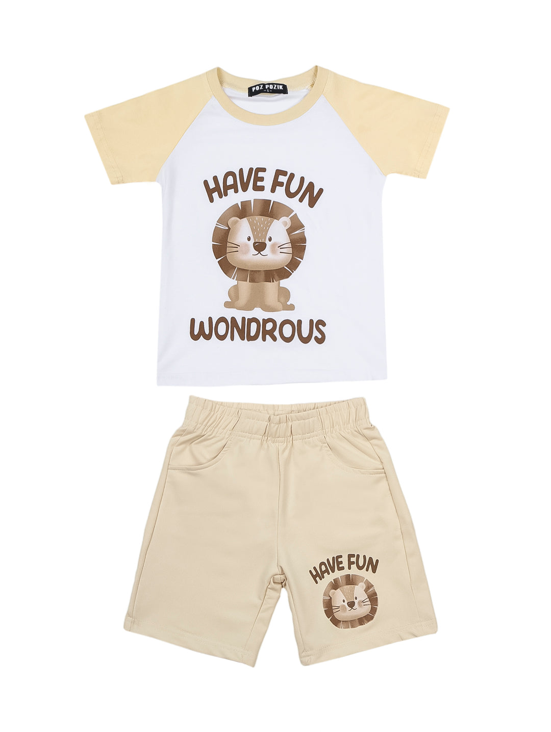 Conjunto de ropa para niña con camiseta blanca y amarilla y short amarillo con dibujo de león.
