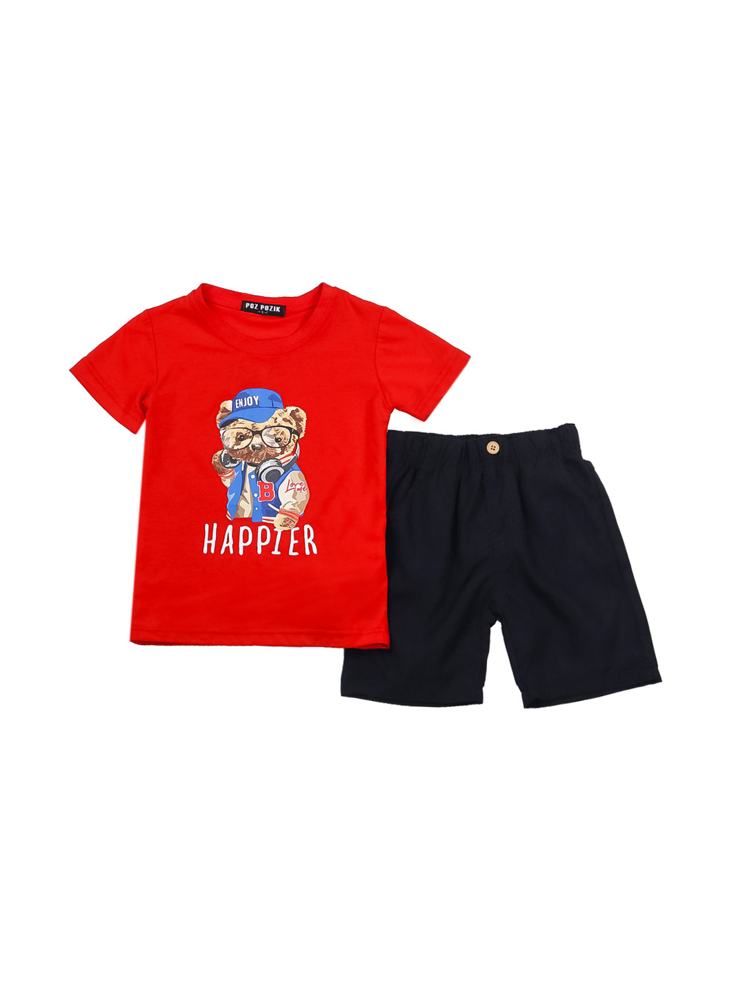 Conjunto de ropa para niño con camiseta roja estampada y short azul marino.