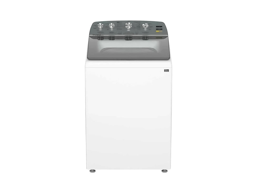 Lavadora Whirlpool de carga superior en color blanco con panel de control y tapa en color gris.
