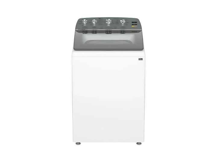 Lavadora Whirlpool de carga superior en color blanco con panel de control y tapa en color gris.