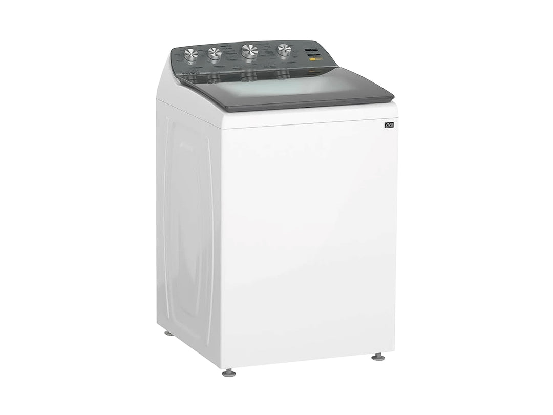 Lavadora Whirlpool de carga superior en color blanco con panel de control y tapa en color gris.