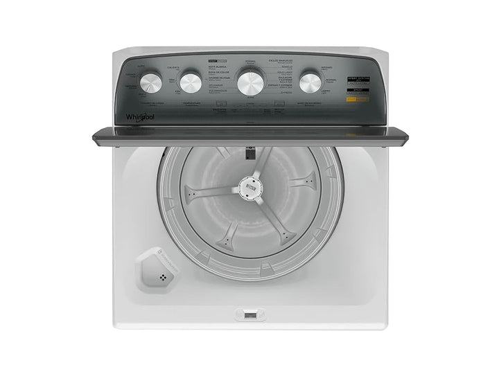 Lavadora Whirlpool de carga superior en color blanco con panel de control y tapa en color gris.