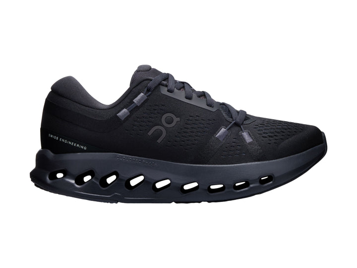 Tenis deportivos On Cloudsurfer 2 color negro con suela de celdas huecas y malla transpirable.