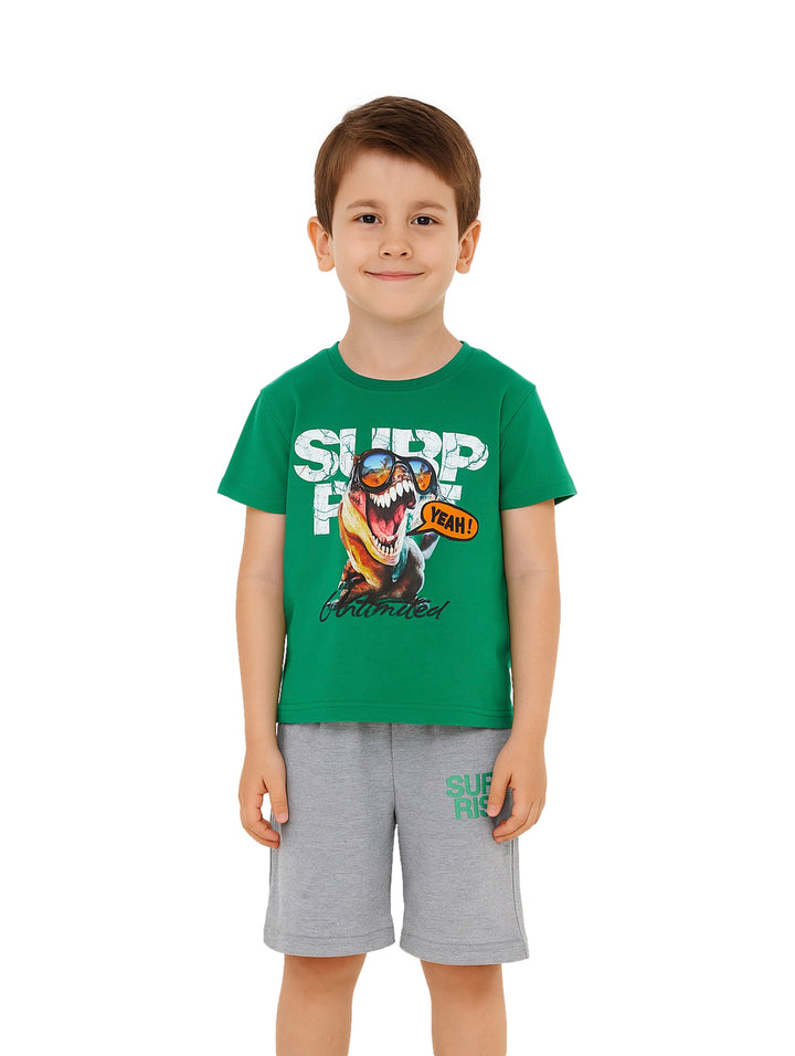 Niño vistiendo un conjunto de camiseta verde con estampado de dinosaurio y shorts grises.