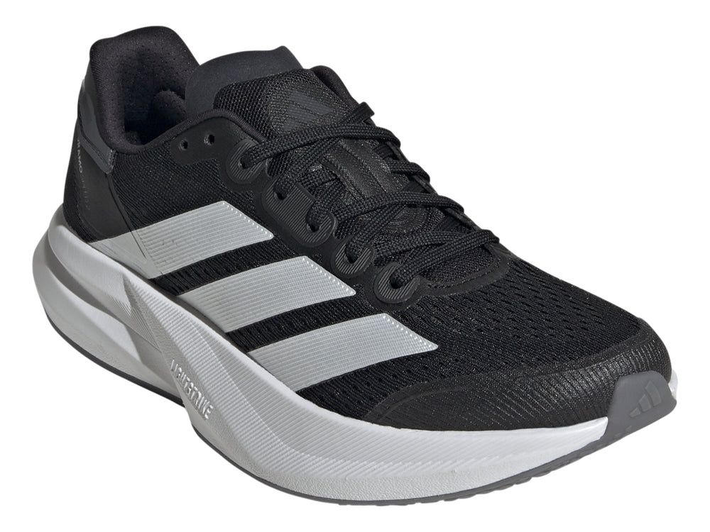 Tenis deportivos Adidas Duramo Speed 2 en color negro con tres franjas blancas y suela blanca.