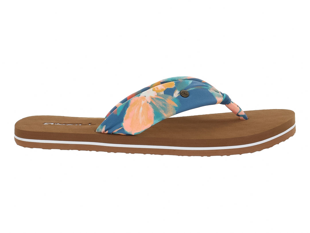 Sandalias de dedo con suela marrón y correa con estampado floral en tonos azul y naranja.