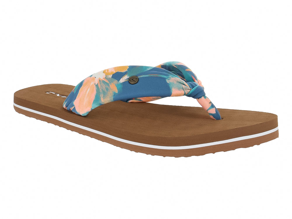 Sandalias de dedo con suela marrón y correa con estampado floral en tonos azul y naranja.