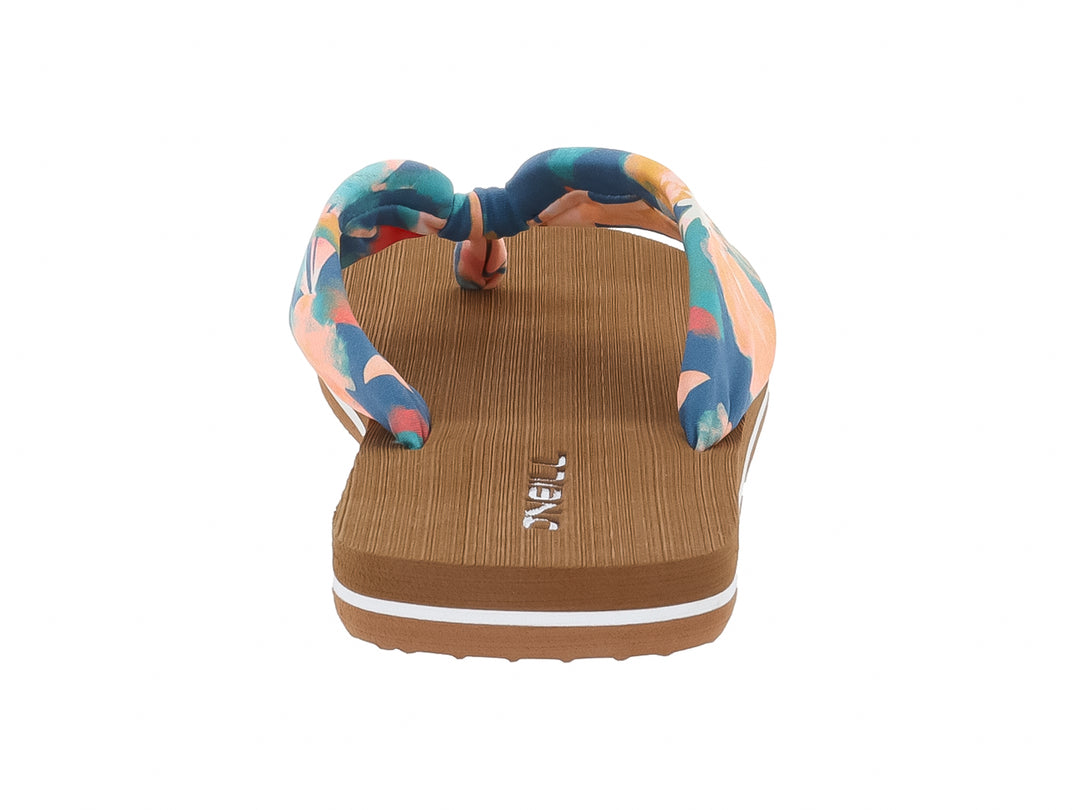 Sandalias de dedo con suela marrón y correa con estampado floral en tonos azul y naranja.