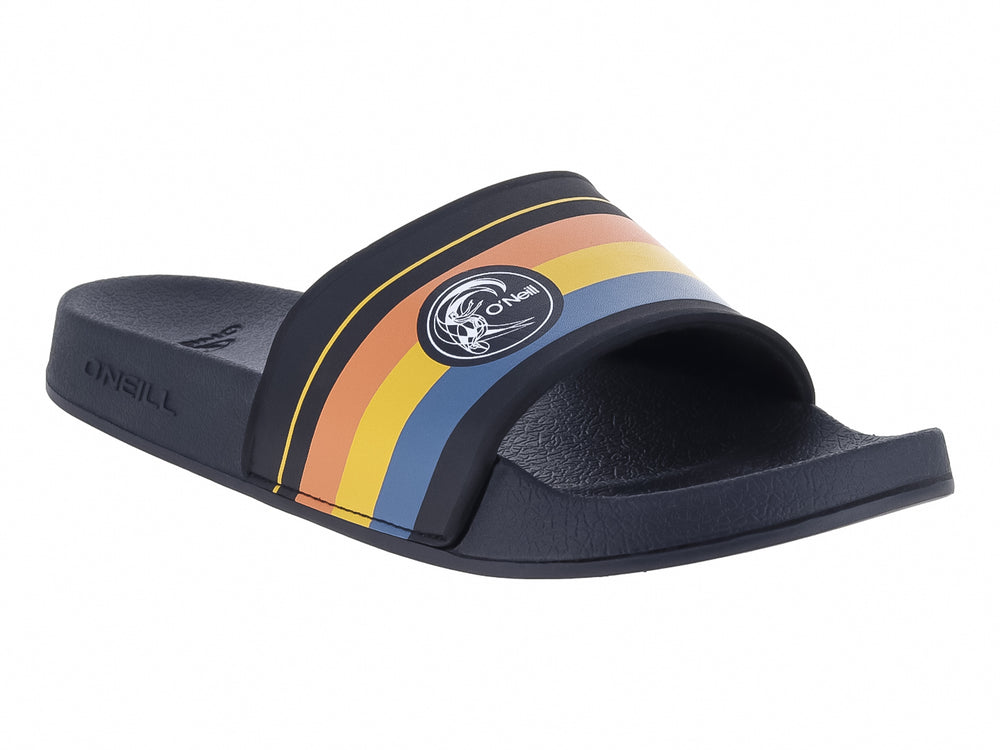 Sandalia slide O'Neill azul marino con correa de rayas multicolores en amarillo, naranja y azul.