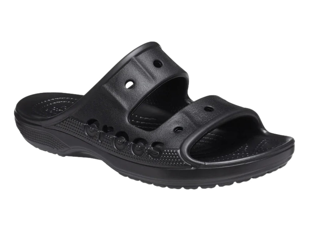 Sandalia Crocs Baya color negro, vista lateral sobre fondo blanco.