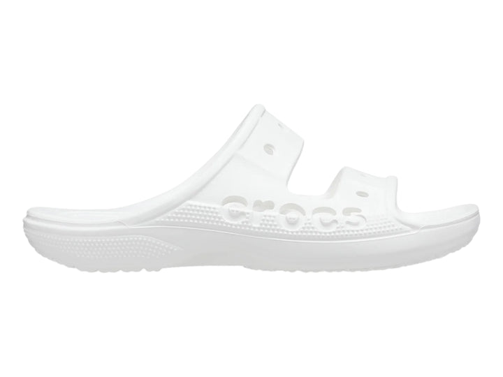 Sandalia blanca Crocs Baya para niños, vista lateral sobre fondo blanco.