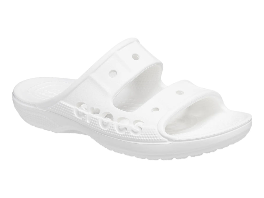 Sandalia blanca Crocs Baya para niños, vista lateral sobre fondo blanco.
