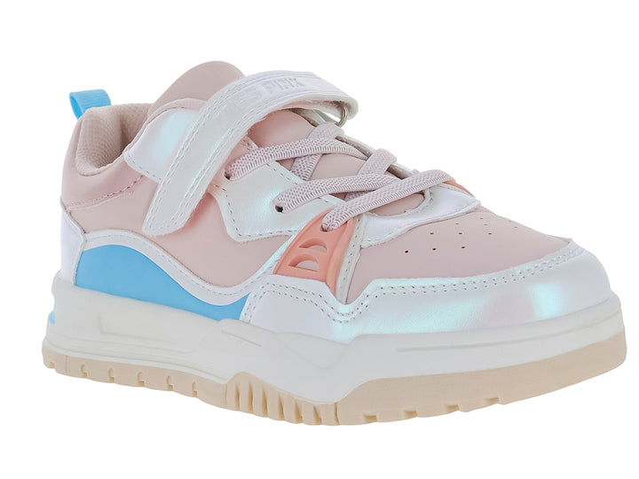 Tenis deportivos para niña en color rosa con detalles azul claro y blanco, acabados iridiscentes y cierre de velcro.