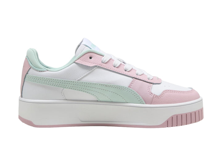 Tenis PUMA Carina Street JR en colores blanco, rosa y azul claro con suela de plataforma blanca.