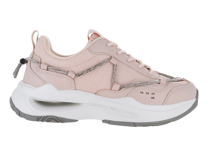 Tenis deportivos para mujer en color rosa con suela blanca de plataforma y detalles en malla.