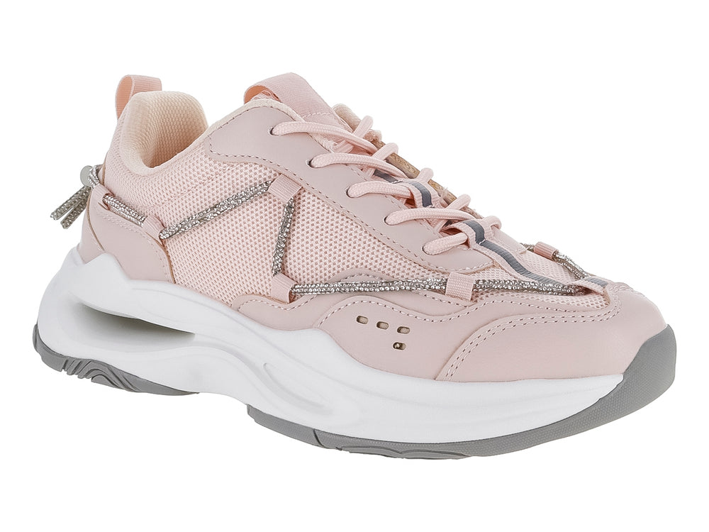 Tenis deportivos para mujer en color rosa con suela blanca de plataforma y detalles en malla.