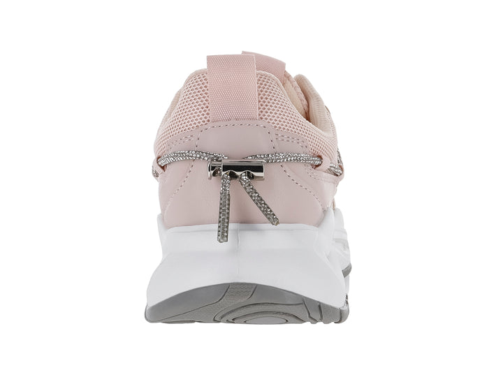 Tenis deportivos para mujer en color rosa con suela blanca de plataforma y detalles en malla.