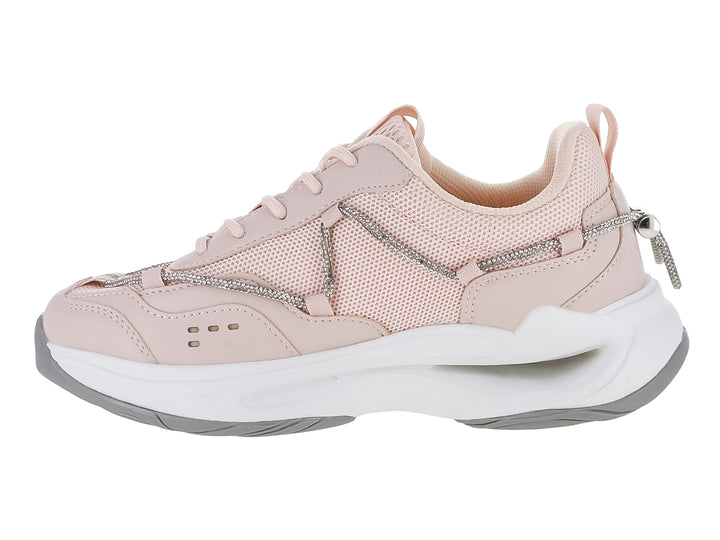Tenis deportivos para mujer en color rosa con suela blanca de plataforma y detalles en malla.