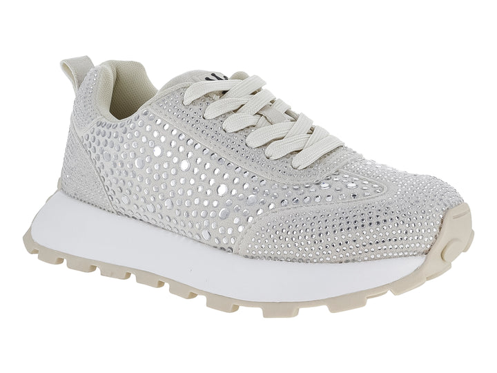 Tenis color beige con incrustaciones de cristales brillantes y suela blanca track.
