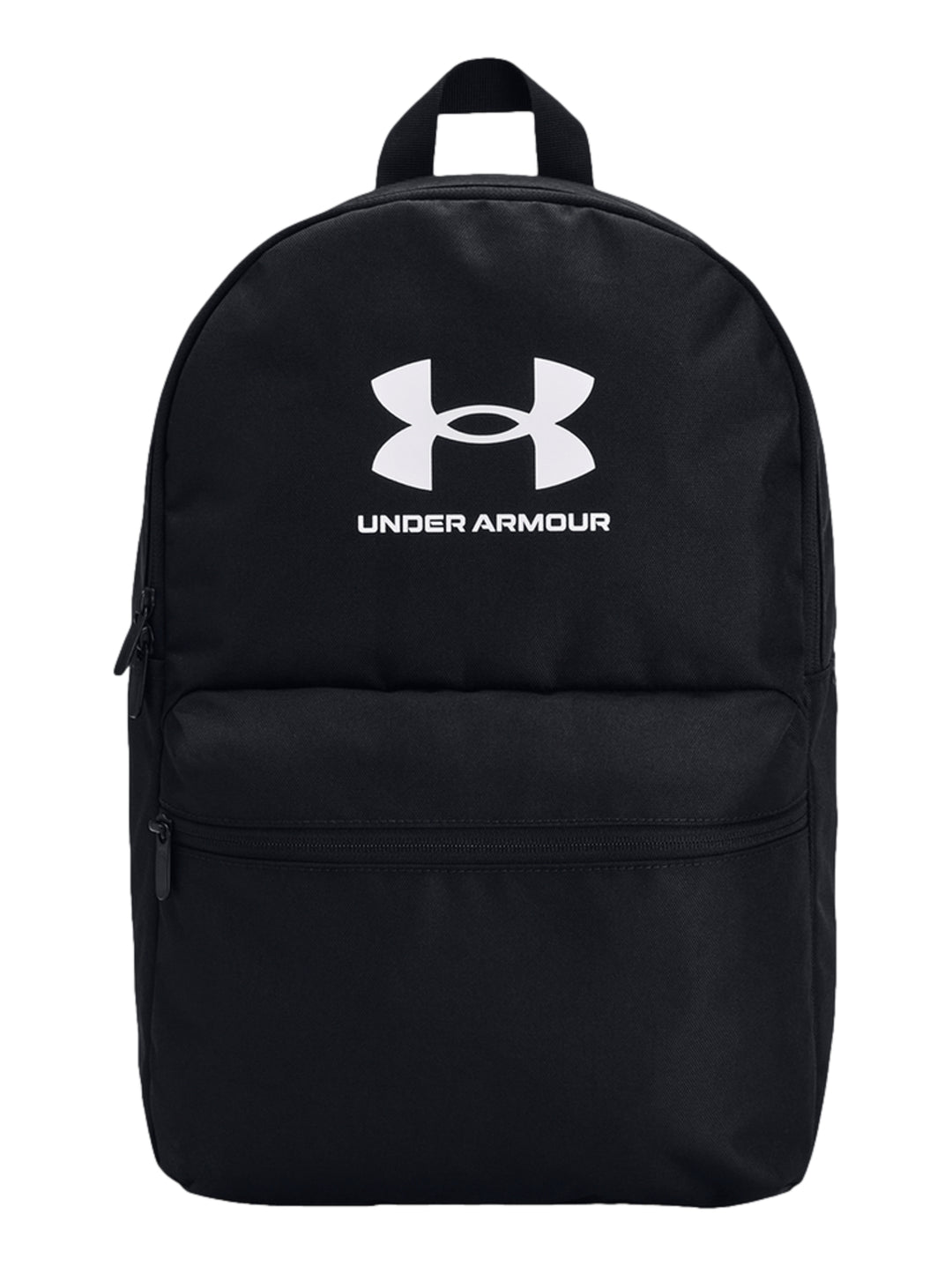 Mochila deportiva Under Armour de color negro con logotipo blanco en el centro y bolsillo frontal.