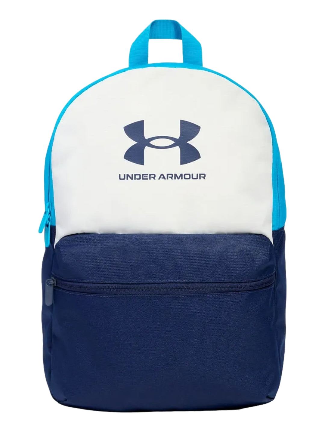 Mochila Under Armour Sportstyle Lite bicolor en blanco y azul marino con detalles en azul claro.
