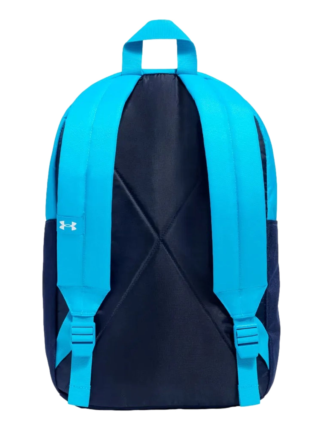 Mochila Under Armour Sportstyle Lite bicolor en blanco y azul marino con detalles en azul claro.