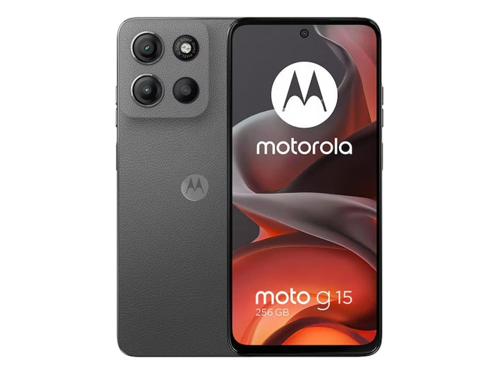 Teléfono inteligente Motorola G15 en color gris, vista frontal y trasera sobre fondo blanco.