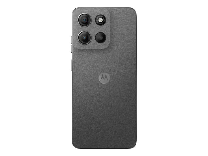 Teléfono inteligente Motorola G15 en color gris, vista frontal y trasera sobre fondo blanco.