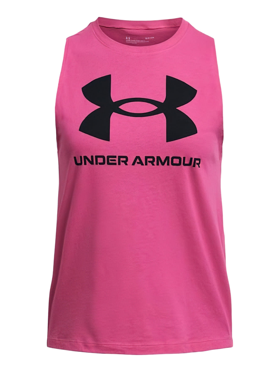 Mujer vistiendo una camiseta deportiva rosa sin mangas de Under Armour con logo negro frontal.