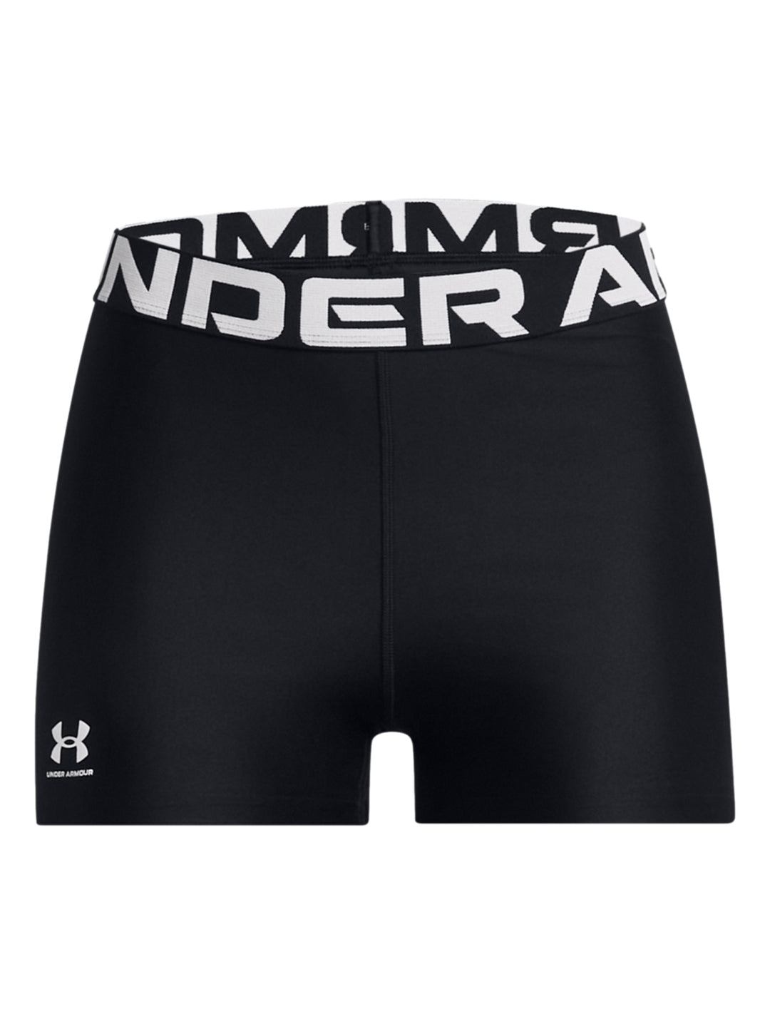 Mujer vistiendo shorts deportivos de compresión Under Armour en color negro con cinturilla blanca.