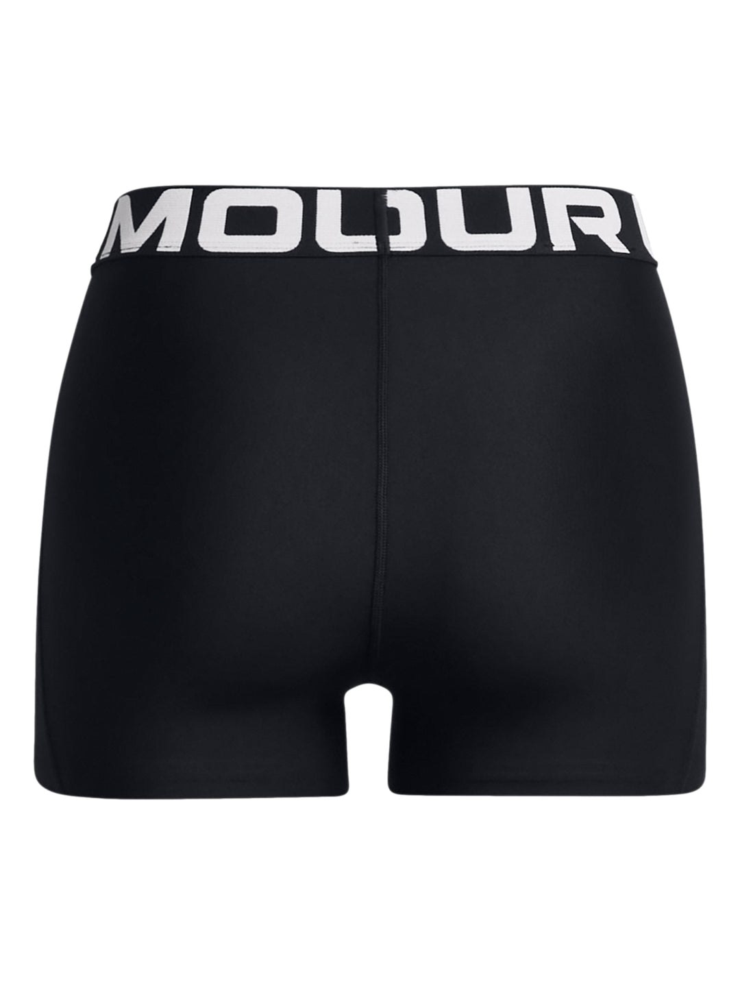 Mujer vistiendo shorts deportivos de compresión Under Armour en color negro con cinturilla blanca.