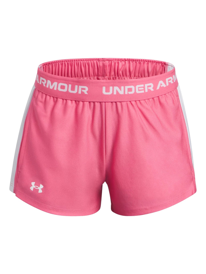 Pantalones cortos deportivos Under Armour color rosa con franjas blancas laterales y cintura elástica.