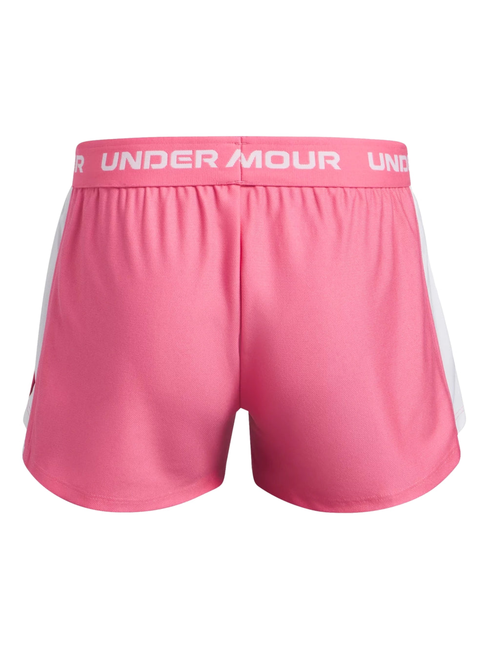 Pantalones cortos deportivos Under Armour color rosa con franjas blancas laterales y cintura elástica.