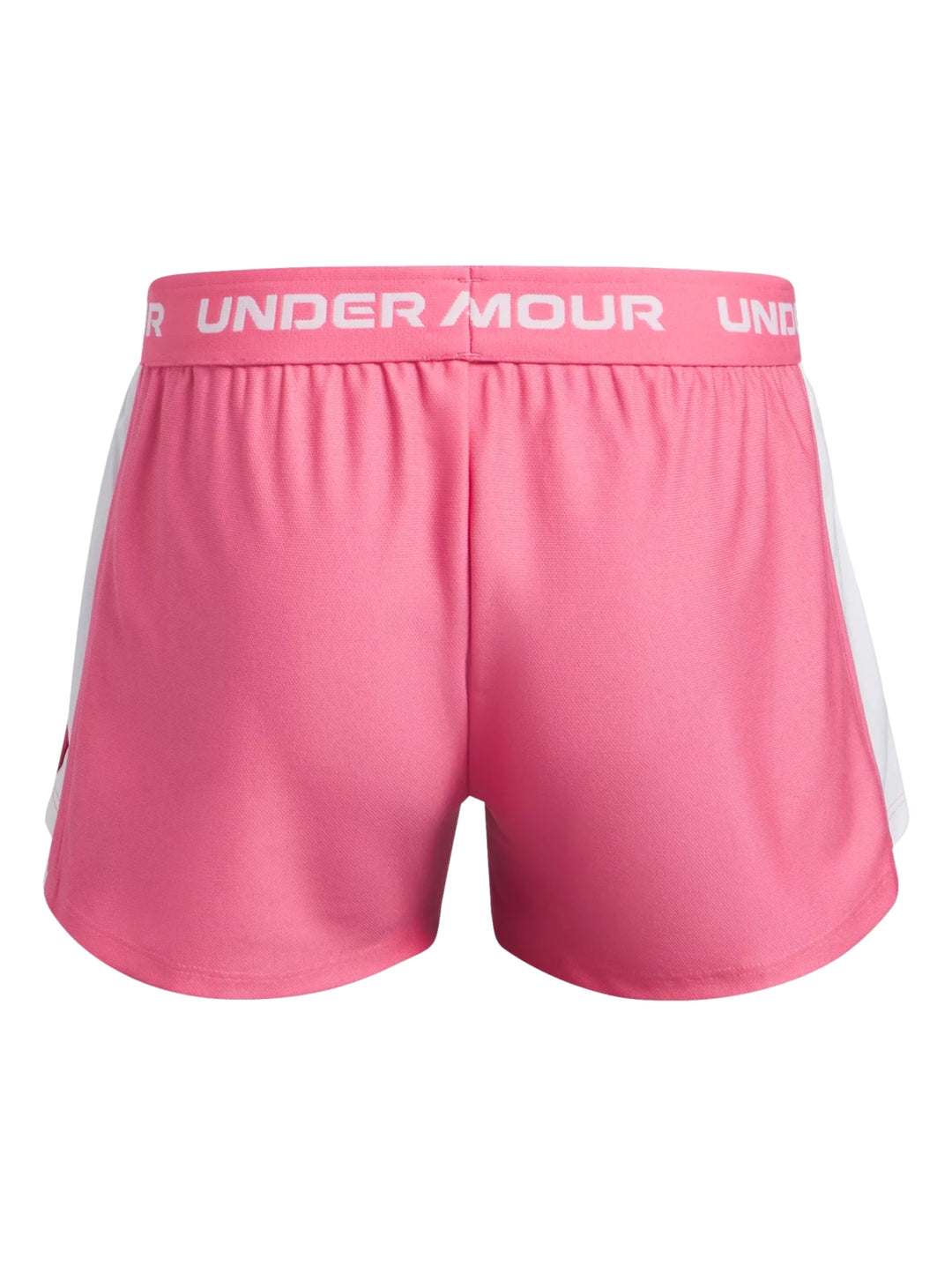 Pantalones cortos deportivos Under Armour color rosa con franjas blancas laterales y cintura elástica.